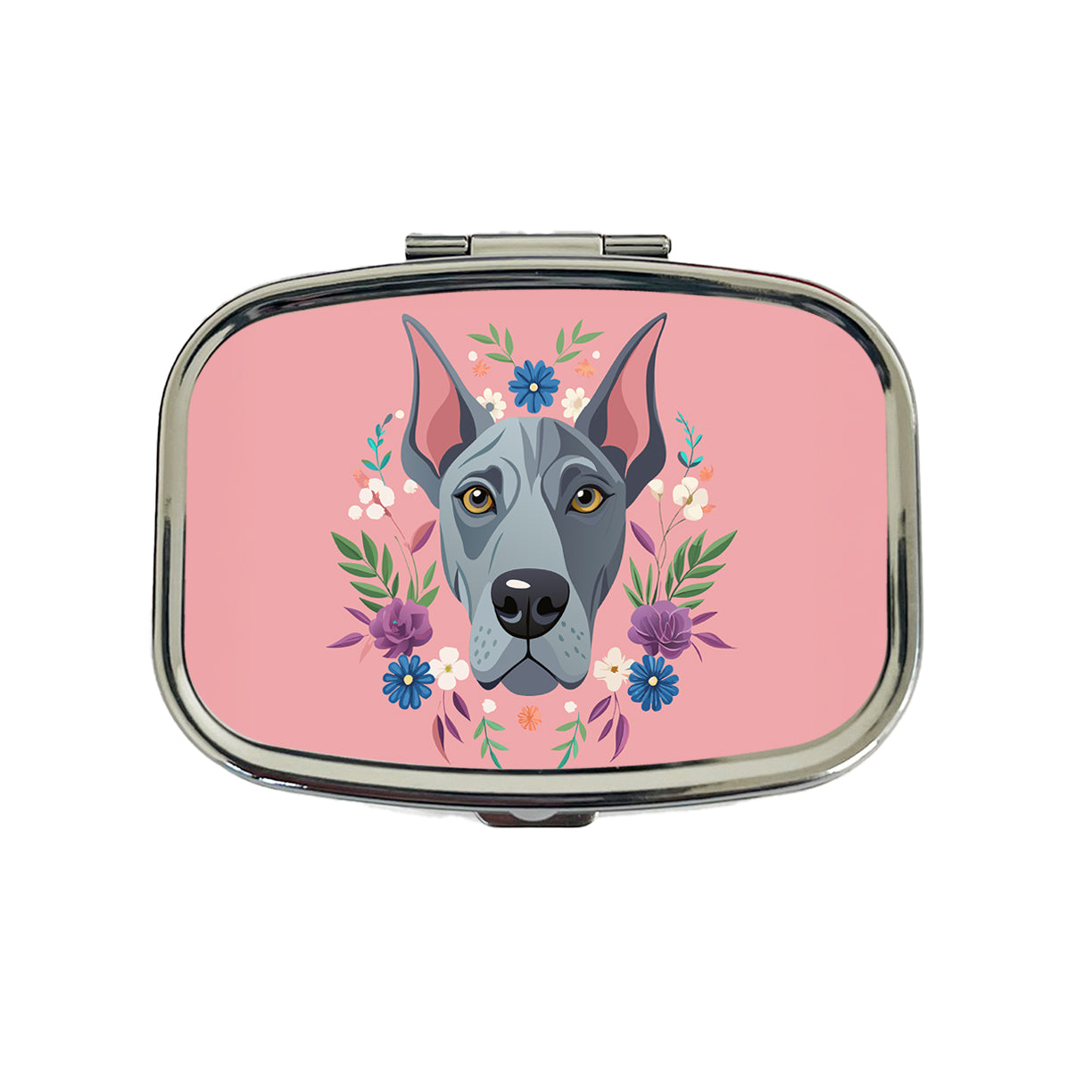 Great Dane Head Floral Motif Pink Dog Travel Pill Box Case