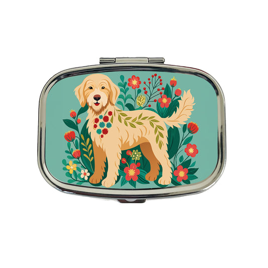 Labradoodle Floral Motif Tan Dog Travel Pill Box Case