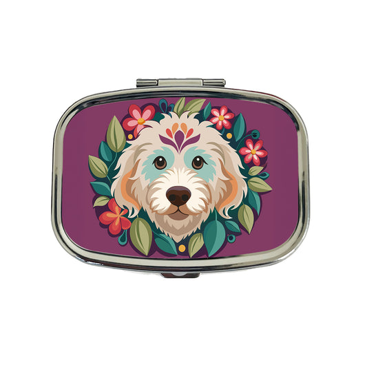 Labradoodle Head Floral Motif Purple Dog Travel Pill Box Case