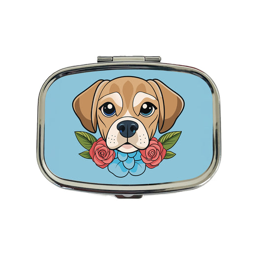 Puggle Head Floral Motif Blue Dog Travel Pill Box Case