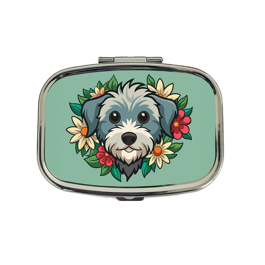 Schnoodle Head Floral Motif Green Dog Travel Pill Box Case