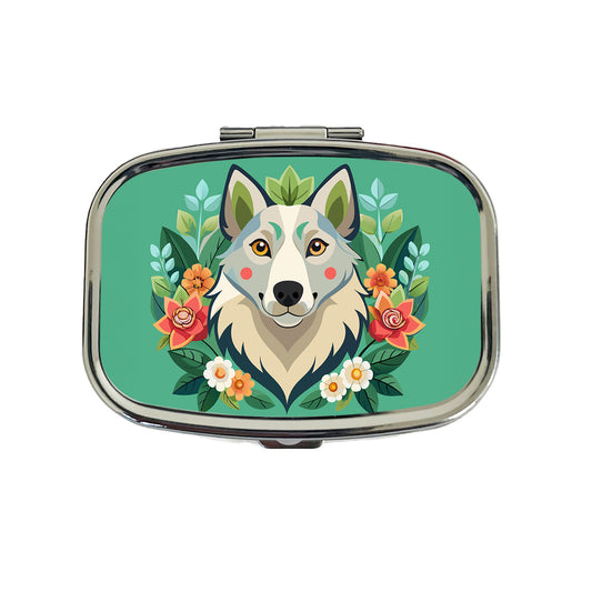Siberian Retriever Head Floral Motif Green Dog Travel Pill Box Case