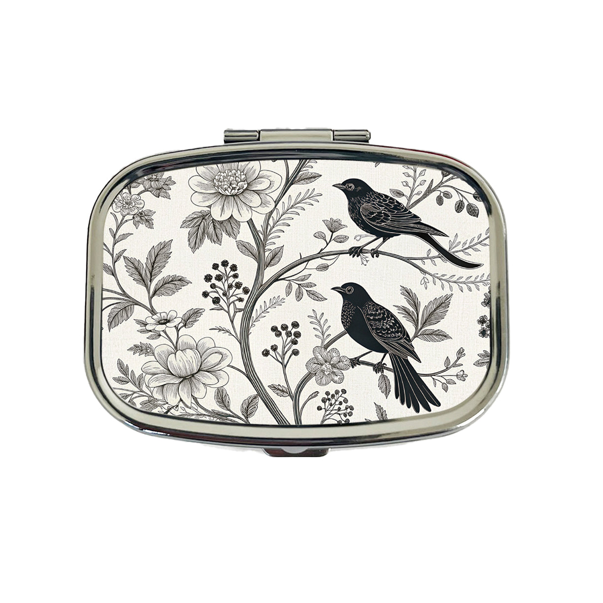 Black On White Toile With Birds Travel Pill Box Case