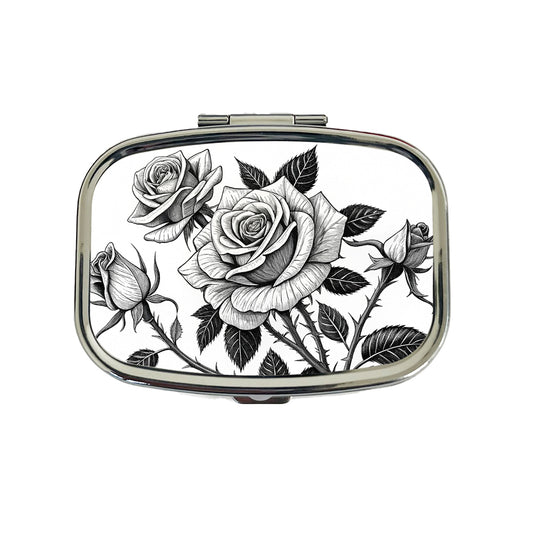 Black White Roses Travel Pill Box Case