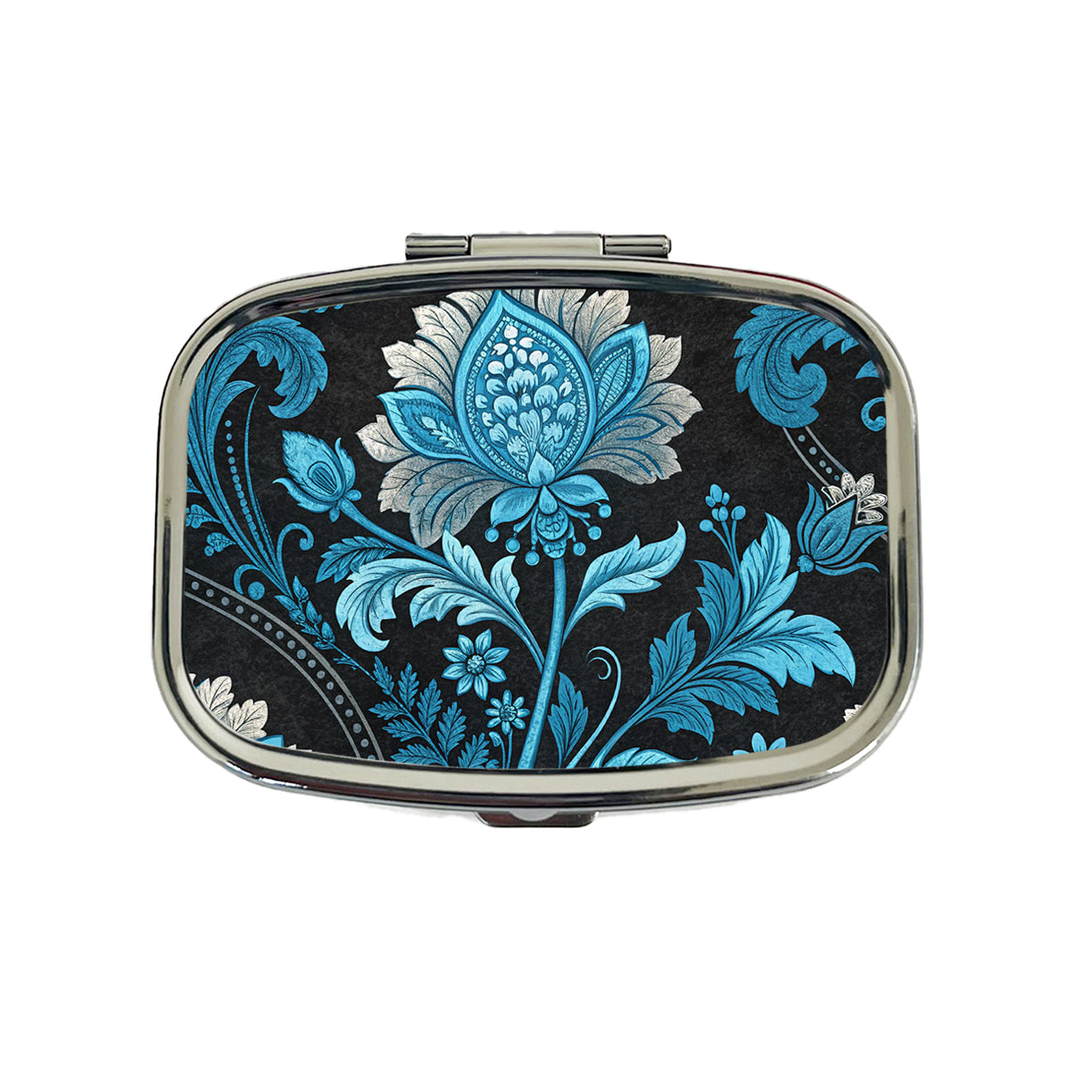 Blue Damask On Black Travel Pill Box Case