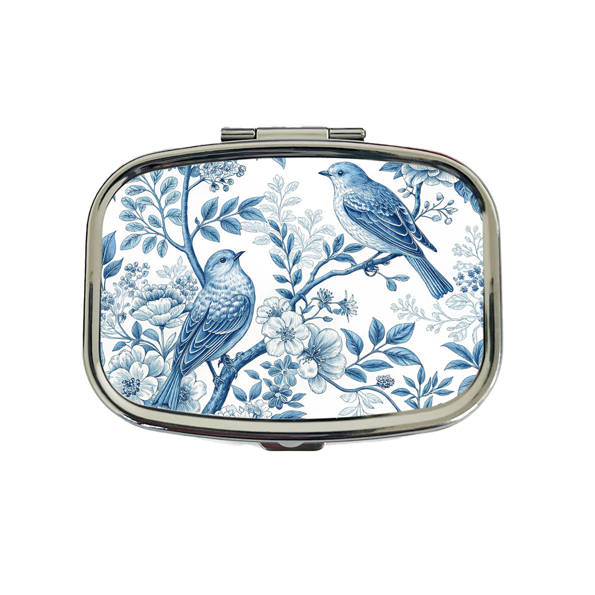 Blue On White Toile With Birds Travel Pill Box Case