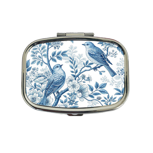 Blue On White Toile With Birds Travel Pill Box Case