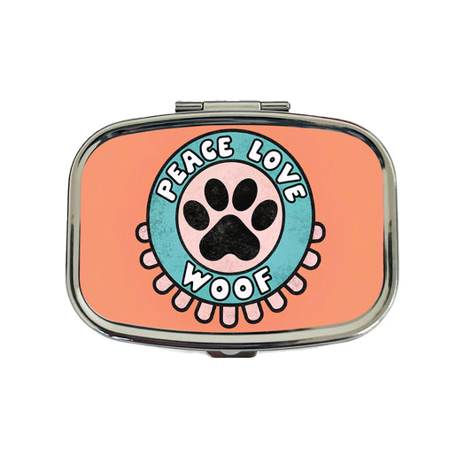 Peace Love Woof Dogs Paw Print Travel Pill Box Case