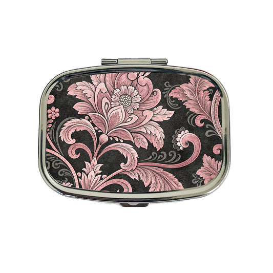 Pink Damask On Black Travel Pill Box Case