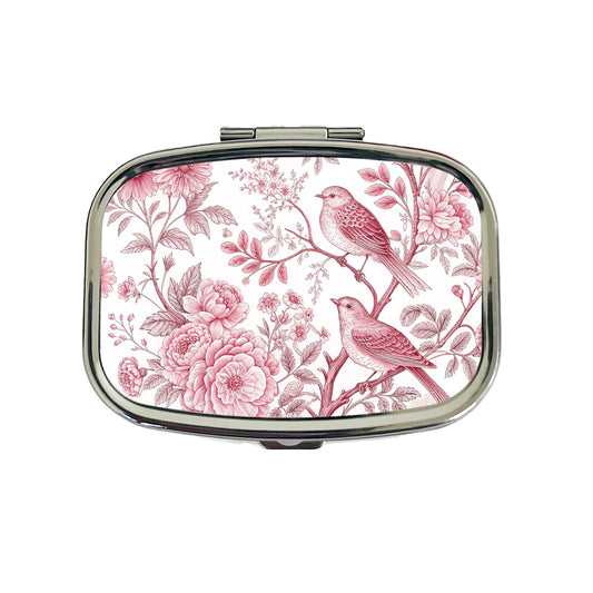 Pink On White Toile With Birds Travel Pill Box Case