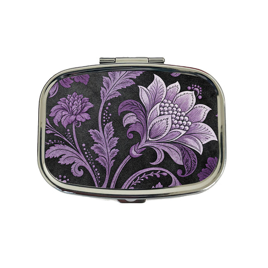Purple Damask On Black Travel Pill Box Case