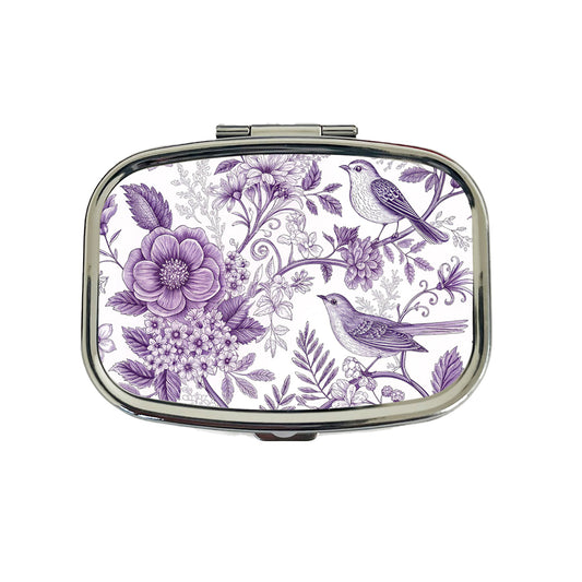 Purple On White Toile With Birds Travel Pill Box Case