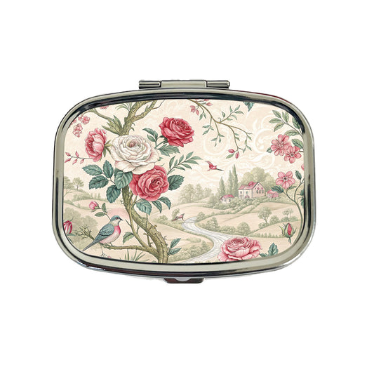 Toile Pattern Flowers Birds Travel Pill Box Case