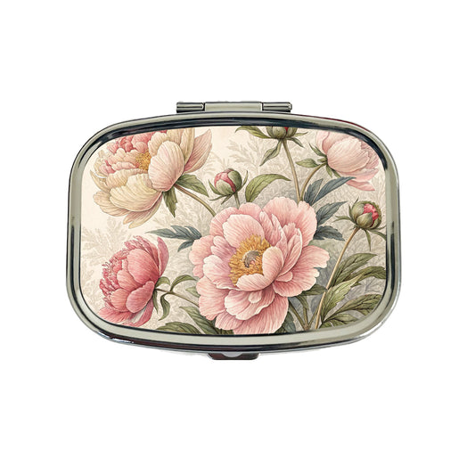 Vintage Peony Flowers Travel Pill Box Case