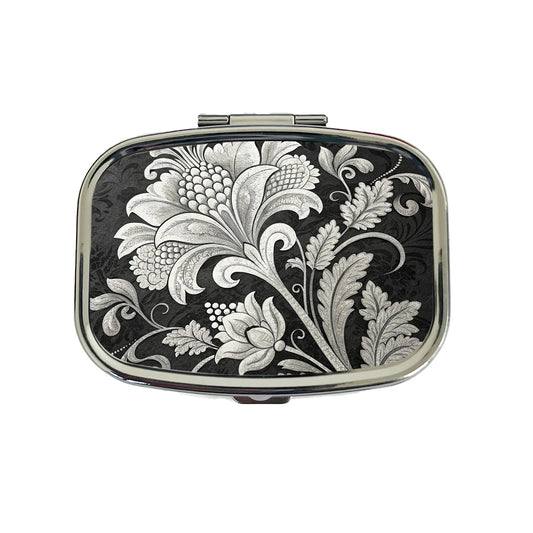 White Damask On Black Travel Pill Box Case