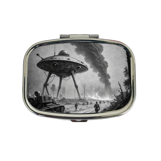 Martian Alien Invasion Tripod War Machine Retro Black and White Travel Pill Box Case