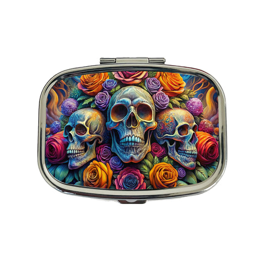Psychedelic Colorful Skulls And Roses Travel Pill Box Case