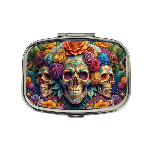 Psychedelic Colorful Skulls Flowers And Roses Travel Pill Box Case