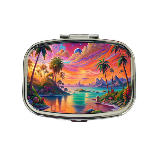 Psychedelic Colorful Tropical Beach Scene Travel Pill Box Case