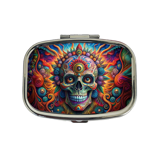 Psychedelic Day of the Dead Skull Vibrant Colors Travel Pill Box Case