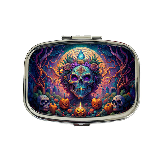 Psychedelic Halloween Skulls Pumpkins Vibrant Colors Travel Pill Box Case