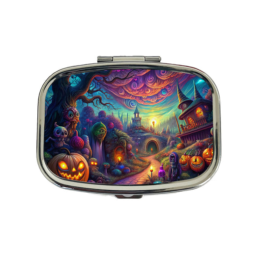 Psychedelic Halloween Town Scene Vibrant Colors Travel Pill Box Case