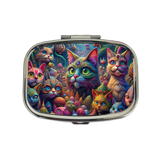 Psychedelic Lots of Cats Vibrant Colors Travel Pill Box Case