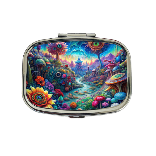 Psychedelic Lots of Flowers Vibrant Colors Travel Pill Box Case