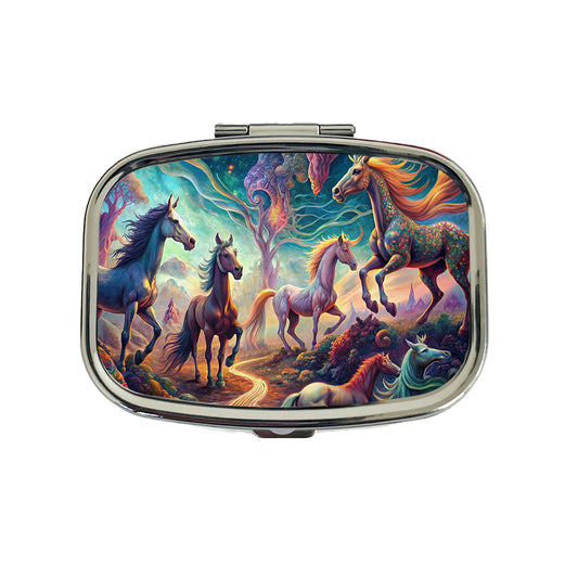 Psychedelic Lots of Horses Vibrant Colors Travel Pill Box Case