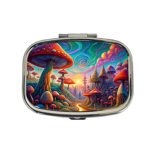 Psychedelic Lots of Mushrooms Vibrant Colors Travel Pill Box Case