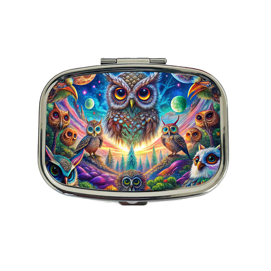 Psychedelic Lots of Owls Vibrant Colors Travel Pill Box Case