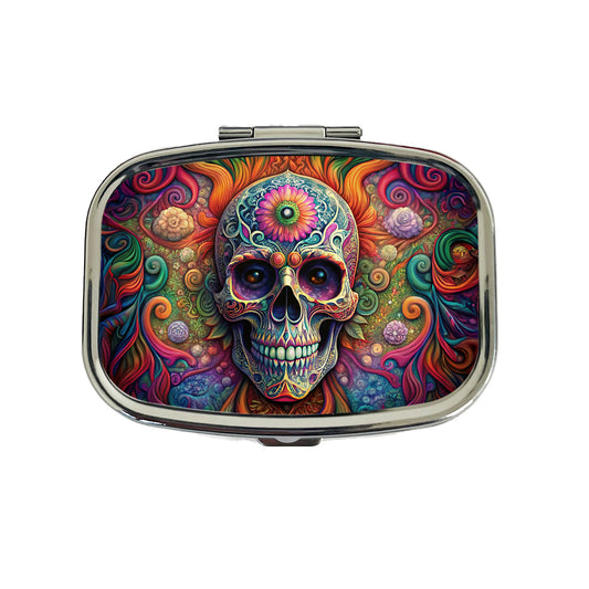 Psychedelic Sugar Skull Day of the Dead Travel Pill Box Case