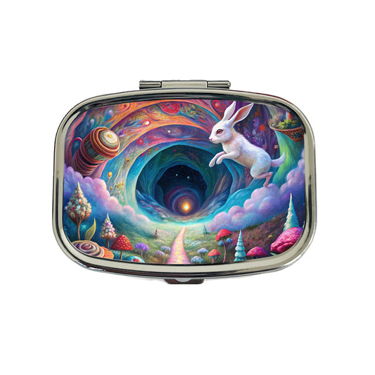 Psychedelic Wonderland White Rabbit Going Down The Hole Travel Pill Box Case