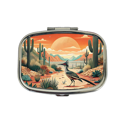 Southwestern Desert Sunrise Roadrunner Design Travel Pill Box Case