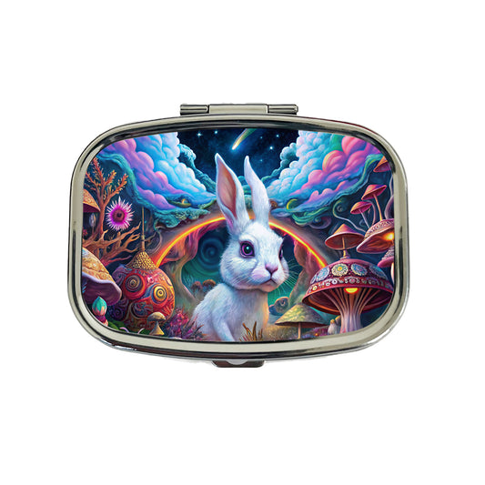 White Rabbit Psychedelic Trippy Wonderland Design Travel Pill Box Case