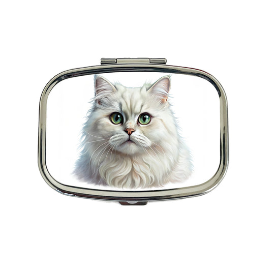 British Longhair White Cat Illustration Travel Pill Box Case