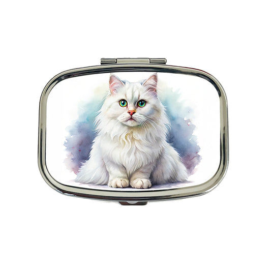 British Longhair White Cat Watercolor Style Travel Pill Box Case