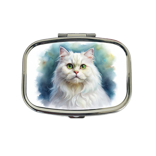 Classic Persian White Cat Watercolor Style Travel Pill Box Case