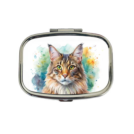 Maine Coon Cat Watercolor Style Travel Pill Box Case