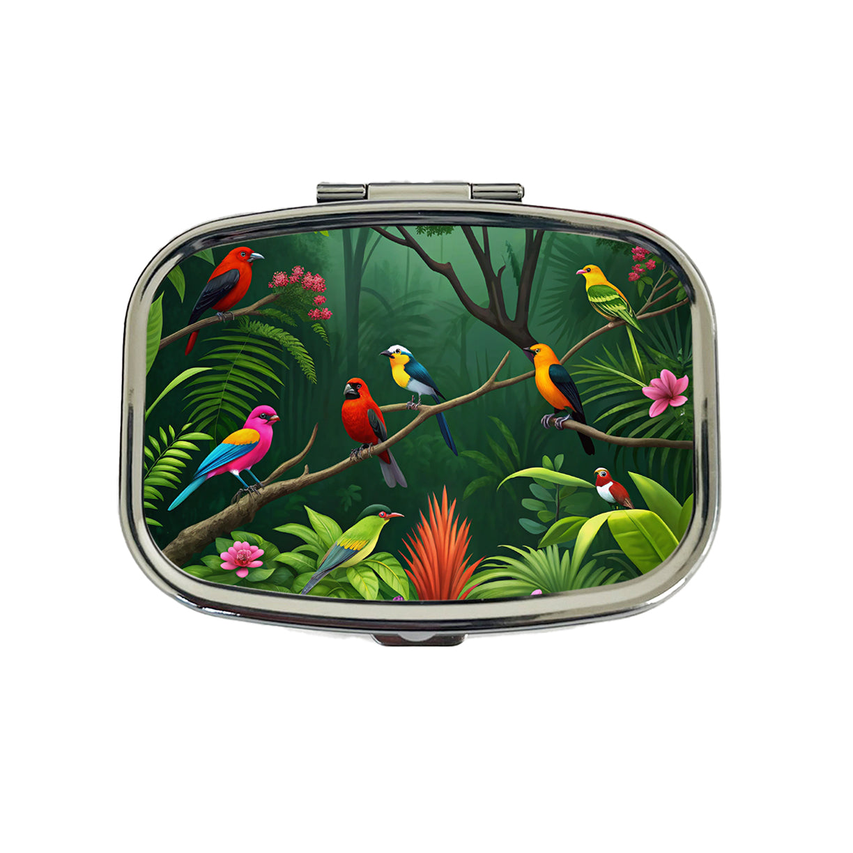 Birds In Jungle Trees Ferns Travel Pill Box Case