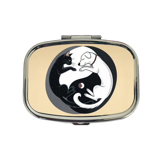Cat Dog Black White Swirling Yin Yang Travel Pill Box Case