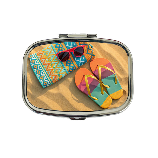 Colorful Sunglasses Flip Flops Towel On Sandy Beach Travel Pill Box Case
