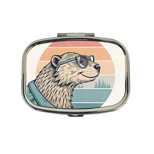 Cool Beaver Wearing Glasses Retro Illustration Travel Pill Box Case