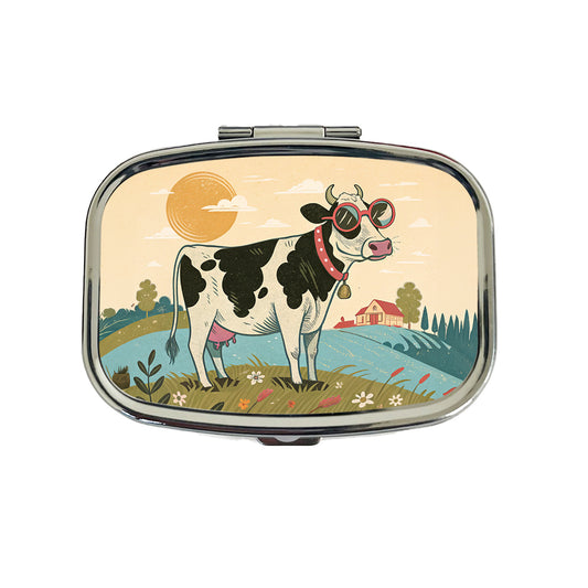 Cool Cow Wearing Sunglasses Retro Illustration Travel Pill Box Case
