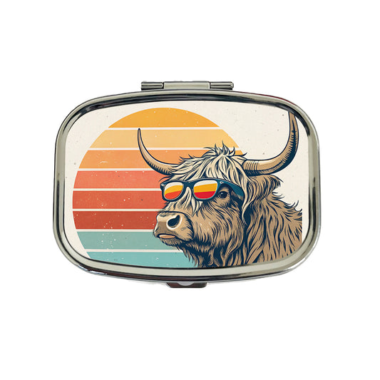 Cool Highland Cow Wearing Sunglasses Retro Illustration Travel Pill Box Case