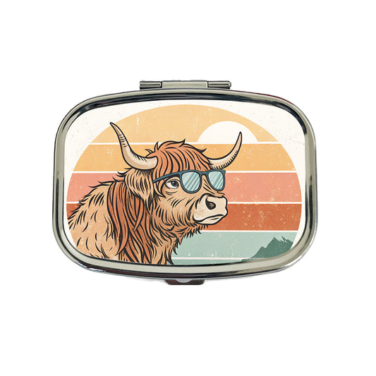 Cool Highland Cow Wearing Sunglasses Retro Travel Pill Box Case