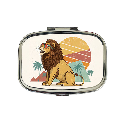 Cool Lion Wearing Sunglasses Retro Illustration Style Travel Pill Box Case