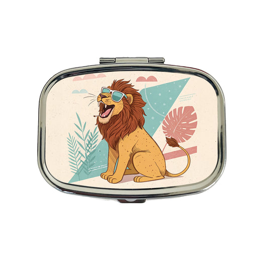 Cool Lion Wearing Sunglasses Retro Illustration Travel Pill Box Case
