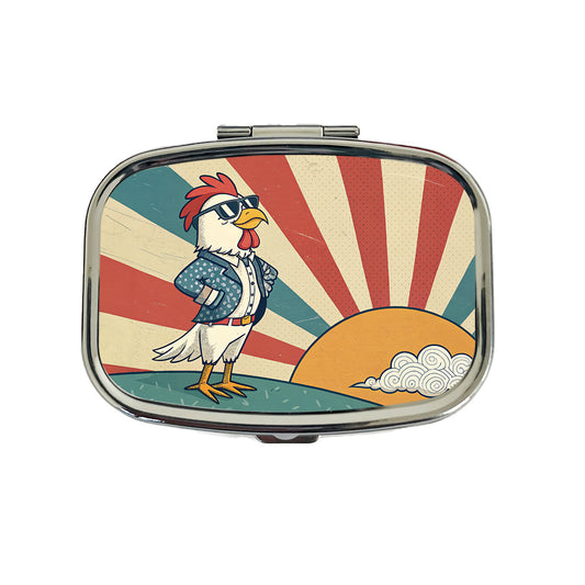 Cool Rooster Chicken Wearing Sunglasses Retro Illustration Travel Pill Box Case