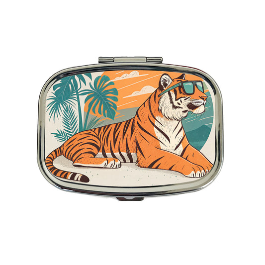 Cool Tiger Wearing Sunglasses Retro Illustration Travel Pill Box Case